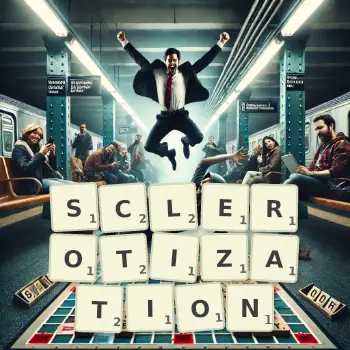 Creative illustration for a Scrabble game with the word SCLEROTIZATION spelled out in tiles on the board.