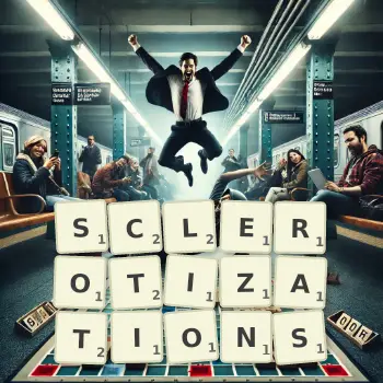 Creative illustration for a Scrabble game with the word SCLEROTIZATIONS spelled out in tiles on the board.