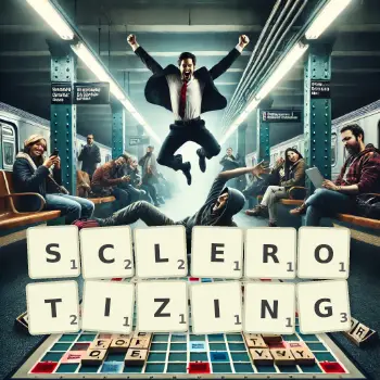 Creative illustration for a Scrabble game with the word SCLEROTIZING spelled out in tiles on the board.