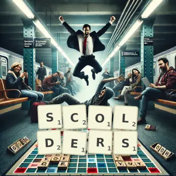 Creative illustration for a Scrabble game with the word SCOLDERS spelled out in tiles on the board.
