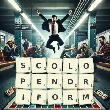 Creative illustration for a Scrabble game with the word SCOLOPENDRIFORM spelled out in tiles on the board.