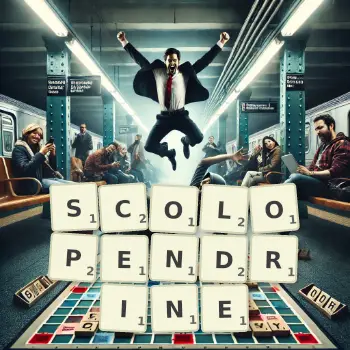 Creative illustration for a Scrabble game with the word SCOLOPENDRINE spelled out in tiles on the board.