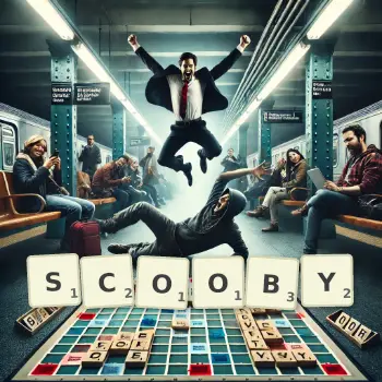 Creative illustration for a Scrabble game with the word SCOOBY spelled out in tiles on the board.