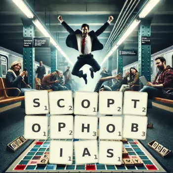 Creative illustration for a Scrabble game with the word SCOPTOPHOBIAS spelled out in tiles on the board.