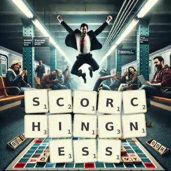Creative illustration for a Scrabble game with the word SCORCHINGNESS spelled out in tiles on the board.