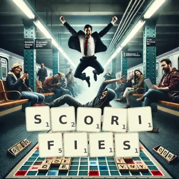 Creative illustration for a Scrabble game with the word SCORIFIES spelled out in tiles on the board.