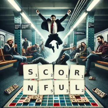 Creative illustration for a Scrabble game with the word SCORNFUL spelled out in tiles on the board.