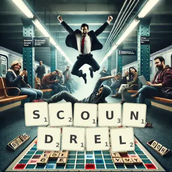 Creative illustration for a Scrabble game with the word SCOUNDREL spelled out in tiles on the board.