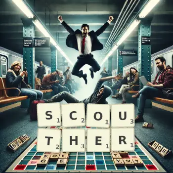 Creative illustration for a Scrabble game with the word SCOUTHER spelled out in tiles on the board.