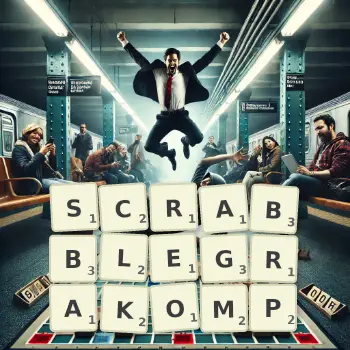 Creative illustration for a Scrabble game with the word SCRABBLEGRAKOMP spelled out in tiles on the board.