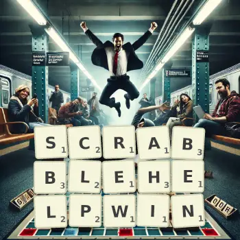 Creative illustration for a Scrabble game with the word SCRABBLEHELPWIN spelled out in tiles on the board.