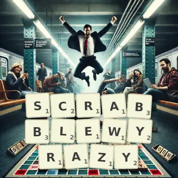 Creative illustration for a Scrabble game with the word SCRABBLEWYRAZY spelled out in tiles on the board.