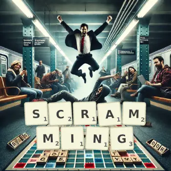 Creative illustration for a Scrabble game with the word SCRAMMING spelled out in tiles on the board.