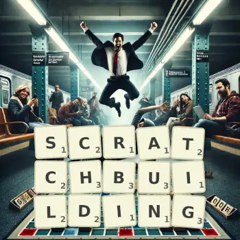 Creative illustration for a Scrabble game with the word SCRATCHBUILDING spelled out in tiles on the board.