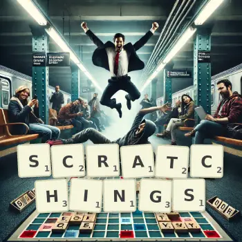 Creative illustration for a Scrabble game with the word SCRATCHINGS spelled out in tiles on the board.