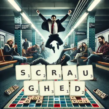 Creative illustration for a Scrabble game with the word SCRAUGHED spelled out in tiles on the board.