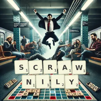 Creative illustration for a Scrabble game with the word SCRAWNILY spelled out in tiles on the board.