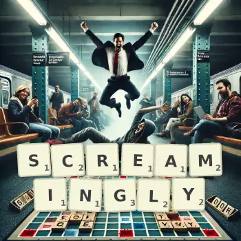 Creative illustration for a Scrabble game with the word SCREAMINGLY spelled out in tiles on the board.