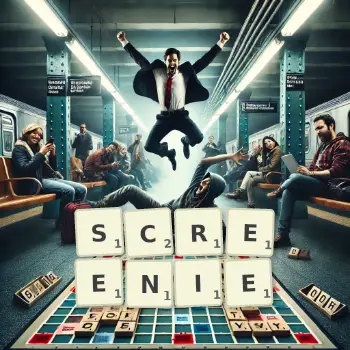 Creative illustration for a Scrabble game with the word SCREENIE spelled out in tiles on the board.