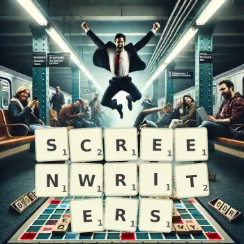 Creative illustration for a Scrabble game with the word SCREENWRITERS spelled out in tiles on the board.