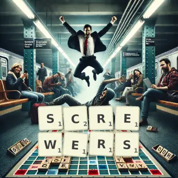 Creative illustration for a Scrabble game with the word SCREWERS spelled out in tiles on the board.