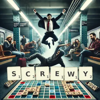 Creative illustration for a Scrabble game with the word SCREWY spelled out in tiles on the board.