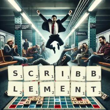 Creative illustration for a Scrabble game with the word SCRIBBLEMENT spelled out in tiles on the board.
