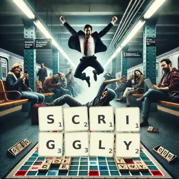 Creative illustration for a Scrabble game with the word SCRIGGLY spelled out in tiles on the board.