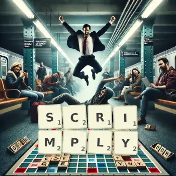 Creative illustration for a Scrabble game with the word SCRIMPLY spelled out in tiles on the board.