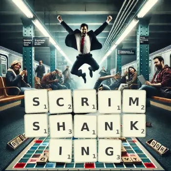 Creative illustration for a Scrabble game with the word SCRIMSHANKING spelled out in tiles on the board.