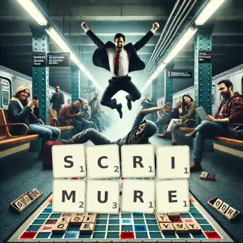 Creative illustration for a Scrabble game with the word SCRIMURE spelled out in tiles on the board.