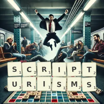 Creative illustration for a Scrabble game with the word SCRIPTURISMS spelled out in tiles on the board.