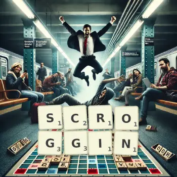 Creative illustration for a Scrabble game with the word SCROGGIN spelled out in tiles on the board.