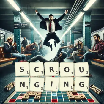 Creative illustration for a Scrabble game with the word SCROUNGING spelled out in tiles on the board.