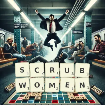 Creative illustration for a Scrabble game with the word SCRUBWOMEN spelled out in tiles on the board.