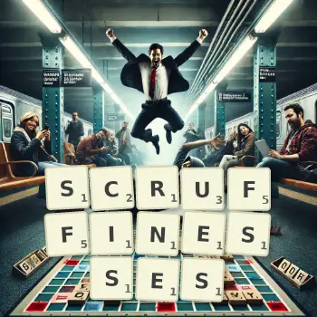 Creative illustration for a Scrabble game with the word SCRUFFINESSES spelled out in tiles on the board.