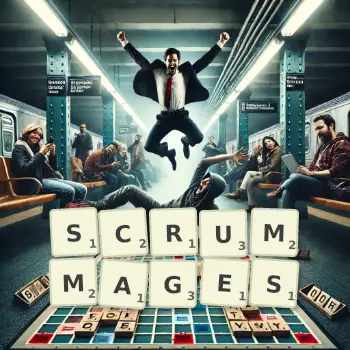 Creative illustration for a Scrabble game with the word SCRUMMAGES spelled out in tiles on the board.