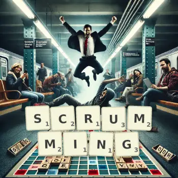 Creative illustration for a Scrabble game with the word SCRUMMING spelled out in tiles on the board.