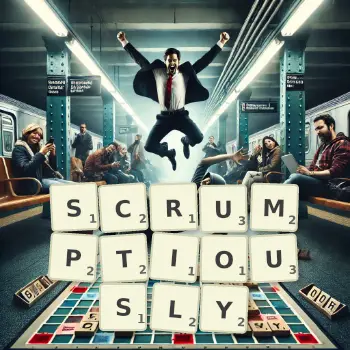 Creative illustration for a Scrabble game with the word SCRUMPTIOUSLY spelled out in tiles on the board.