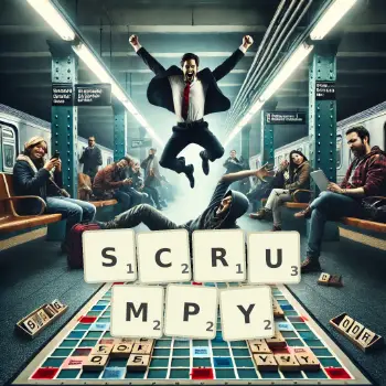 Creative illustration for a Scrabble game with the word SCRUMPY spelled out in tiles on the board.
