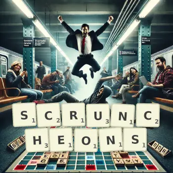 Creative illustration for a Scrabble game with the word SCRUNCHEONS spelled out in tiles on the board.
