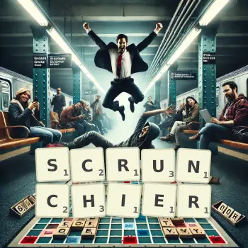 Creative illustration for a Scrabble game with the word SCRUNCHIER spelled out in tiles on the board.