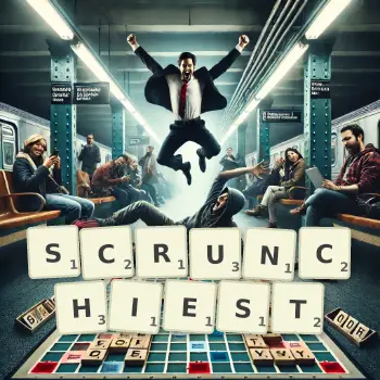 Creative illustration for a Scrabble game with the word SCRUNCHIEST spelled out in tiles on the board.