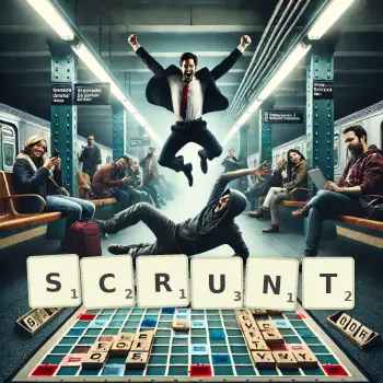 Creative illustration for a Scrabble game with the word SCRUNT spelled out in tiles on the board.