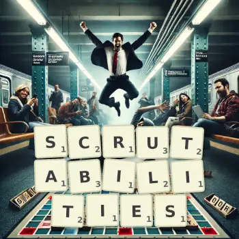 Creative illustration for a Scrabble game with the word SCRUTABILITIES spelled out in tiles on the board.