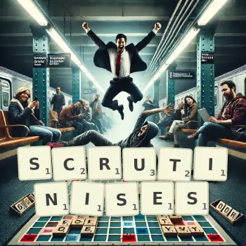 Creative illustration for a Scrabble game with the word SCRUTINISES spelled out in tiles on the board.