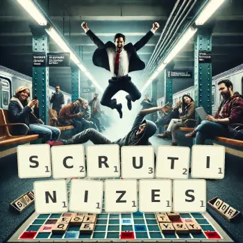 Creative illustration for a Scrabble game with the word SCRUTINIZES spelled out in tiles on the board.
