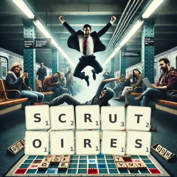 Creative illustration for a Scrabble game with the word SCRUTOIRES spelled out in tiles on the board.