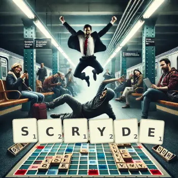Creative illustration for a Scrabble game with the word SCRYDE spelled out in tiles on the board.