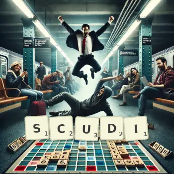 Creative illustration for a Scrabble game with the word SCUDI spelled out in tiles on the board.